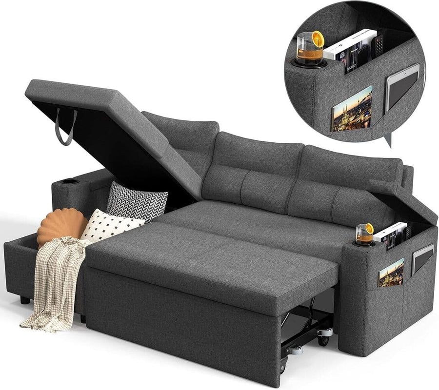 81" Sleeper Sofa with Armrest Storage,L-Shaped Couch with Supportive Ergonomic Cushions,Cup Holders,