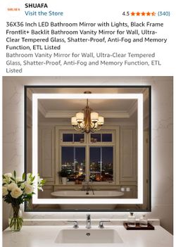 SHUAFA - 36X36 Inch LED Bathroom Mirror with Lights, Black Frame Frontlit+ Backlit Bathroom Vanity - NEW