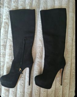 Black Suede Knee-High Platform Stiletto Boots, Size 37 1/2