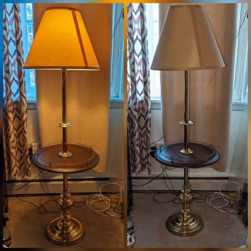 Vintage MCM Brass And Wood Standing Floor Lamp With Table Tray