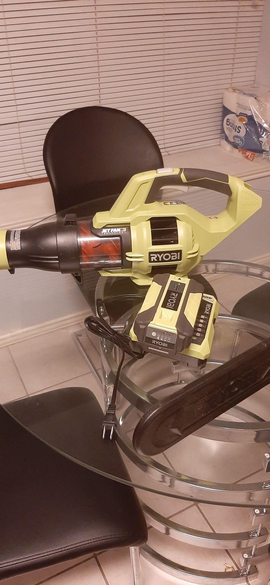 Ryobi blower chainsaw and charger and battery