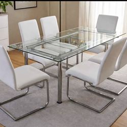 Nice Modern Glass Dining Table W/ Extensions & Set of 6 Chairs