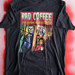 a Rad Coffee "Creepshow" inspired tee,
Size  featuring a comic-book style illustration titled "Five Jolting Tales of Coffee!
Size Large 
The design is