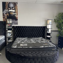 King Size Round Bed w/ Black Velvet & Storage 