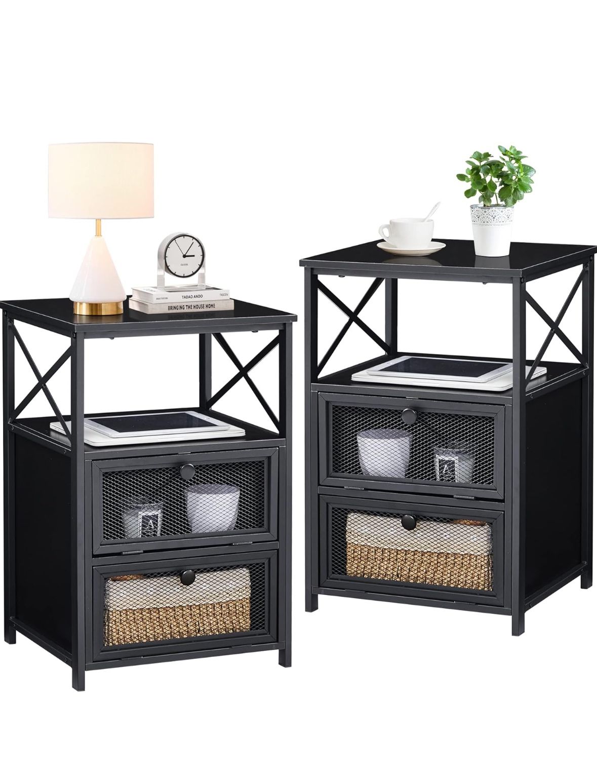 VECELO End Bedside Table, Modern Nightstands Set of 2 with Storage Drawer & Shelf, Night Stand for Living Room Bedroom Office Lounge, 2, Black