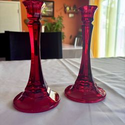 2  TALL VINTAGE RUBY RED GLASS CANDLES HOLDERS