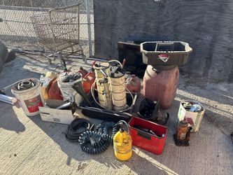 FREE - Yard and Garage Clear Out Lot - Gas Cans, Sprayers, Wheels, Cable Spool