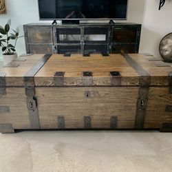 Restoration Hardware Wooden Trunk Coffee Table w/ Storage and Wooden Serving Tray