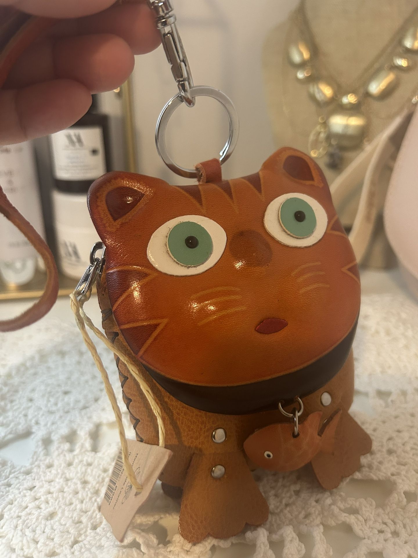 Genuine Leather Cat And Fish Wristlet 