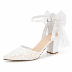 White Lace Block Heel Pumps with Bow