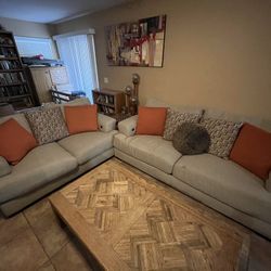 Beige Couch And Loveseat With Charging Ports, Gently Used