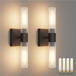 Black Wall Sconces Set of Two,15.7in Dimmable Hardwired LED Sconce Lighting Modern Indoor Vanity Sconce with Frosted Glass Shade for Bathroom Hallway(