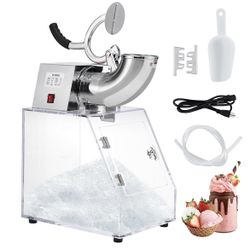 Commercial Ice Crusher Shaver Snow Cone Maker, Stainless Steel Electric Snow Cone Machine with Dual Blades, Acrylic Box, Safety On/Off Switch, Shaved 