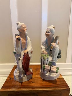 Vintage Porcelain Fisherman Figurines – Pair – Hand-Painted Asian Statues