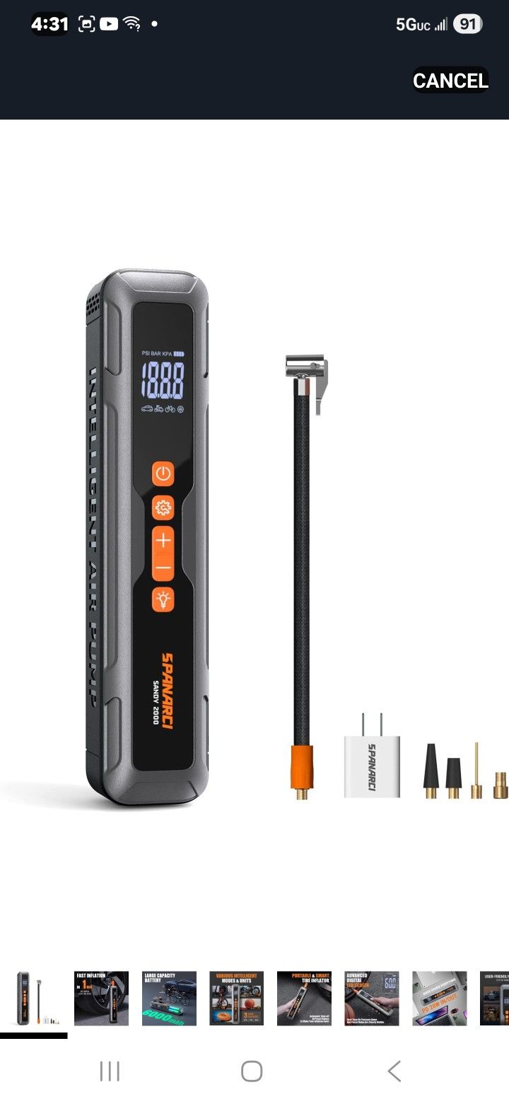 Portable air Compressor-SPANARCI Sandy 2000 Portable Air Compressor,150 PSI Rechargeable Tire Inflator with Smart Digital LED Display, Cordless Air Pu