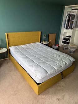 Queen Size Lift Up Hydraulic Storage Bed Frame Olive Yellow