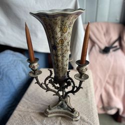 Vintage Brass and Porcelain 3 Candle Candelabra 