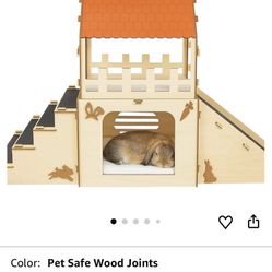 Extra Large Bunny Hideout, Cozy Rabbit Castle with Fleece Mats, Wooden Rabbit Hideout