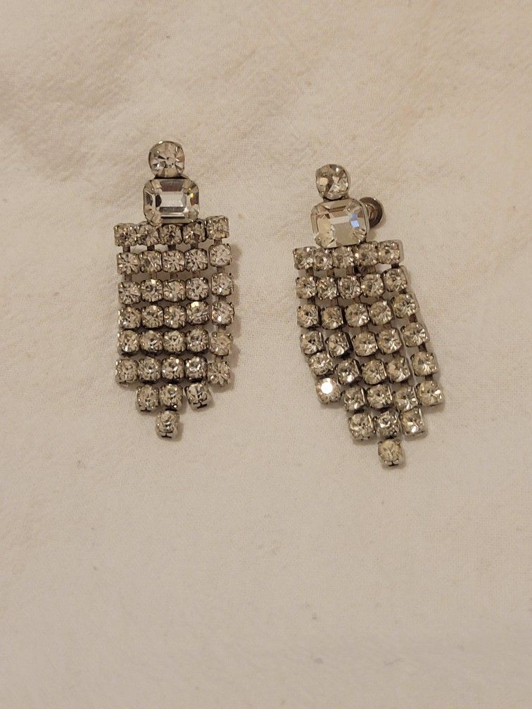 vintage 60s Rhinestone Crystal Silver tone Screw Back Earrings