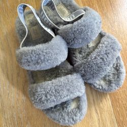 UGG Fluff Yeah Slingback Sandal Gray Logo Strap Shearling Slippers Sheepskin Sz9