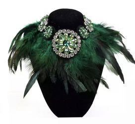 Green Rhinestone Feather Necklace