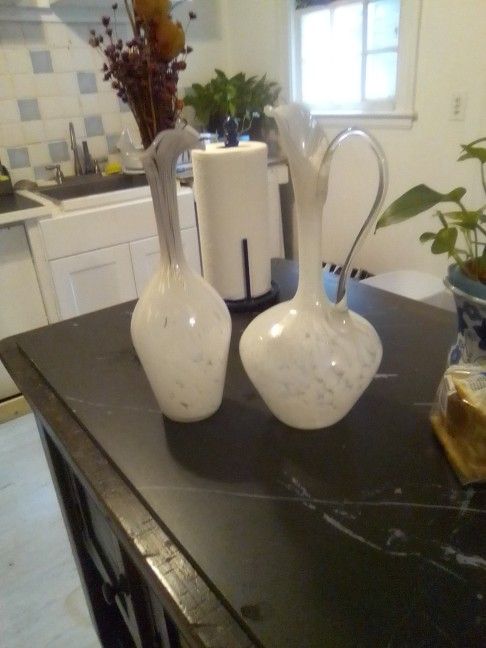 Vase And Matching Pitcher White Blown Glass