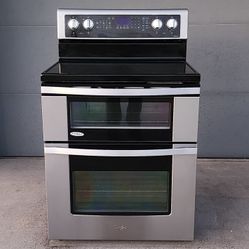 "WHIRLPOOL"  LIKE NEW  STAINLESS ELECTRIC RANGE GLASS ON TOP WITH DOUBLE OVEN  &  5 BURNERS 90 DAYS OF WARRANTY & DELIVER
