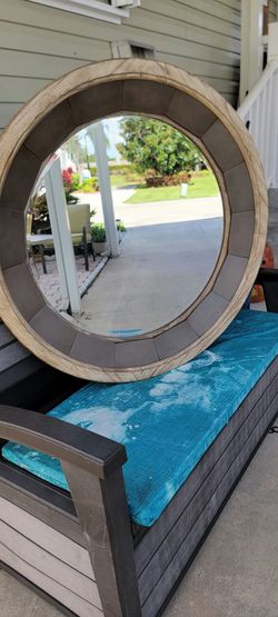 Round Wall Mirror with Wood and Tile Frame