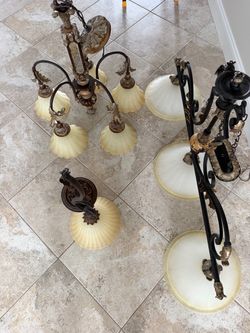 Ornate Bronze Chandelier and Light Fixture Set
