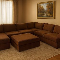 Oversized Cordorouy Sectional Sofa w/ Chaise & Ottoman – Large Brown Couch Set – Deep Seats