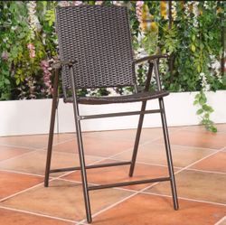 Set of 4 Folding Wicker Rattan Bar Chairs High Stool with Back Steel Frame Portable Outdoor Indoor UV Resistant Barstools Garden