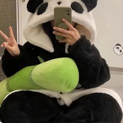 Adult Panda Hooded Robe - Fall/Winter Cartoon Print Polyester 