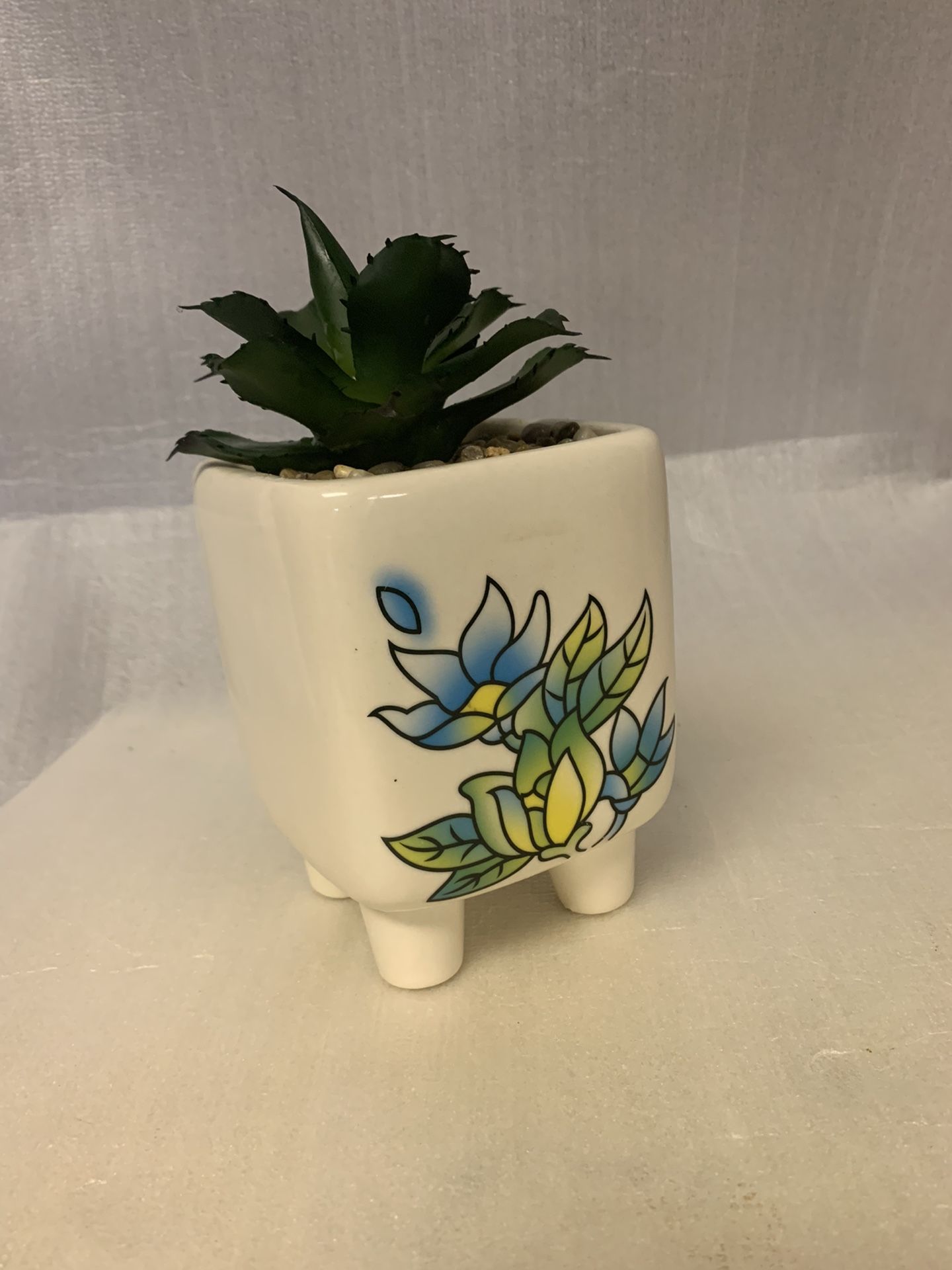 Ceramic Painted Flowery Planter With Fake Cactus Succulent Pot Container Legs