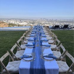 12 People Full Celebration Table Scaping Set Up With Table Decor, Tableware, And Chairs
