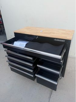 42 in. W x 18.1 in. D 8-Drawer Black Mobile Workbench Cabinet with Solid Wood Top
