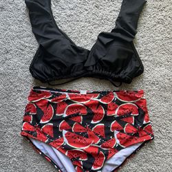 Black Bikini Set with Watermelon Print (Size L)