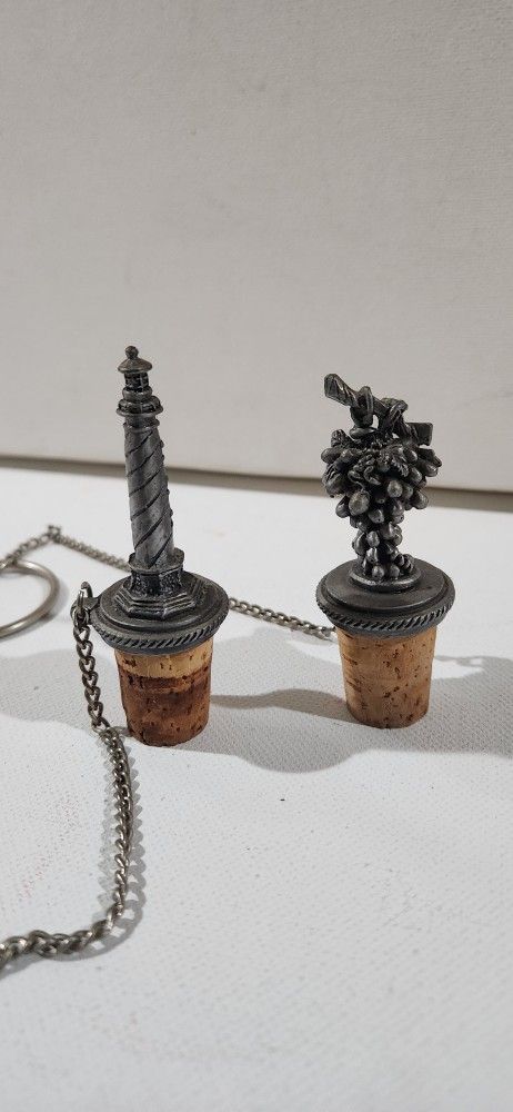 Vintage Solid Pewter Lighthouse And Grape Vine Wine Bottle Cork Stopper Neck Chain & Ring