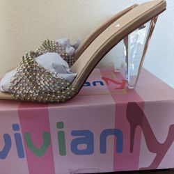 NEW - Vivianly Women's Clear Chunky Block High Heels Mesh Rhinestone Straps Square Toe Slides Sandals Nude Size 9