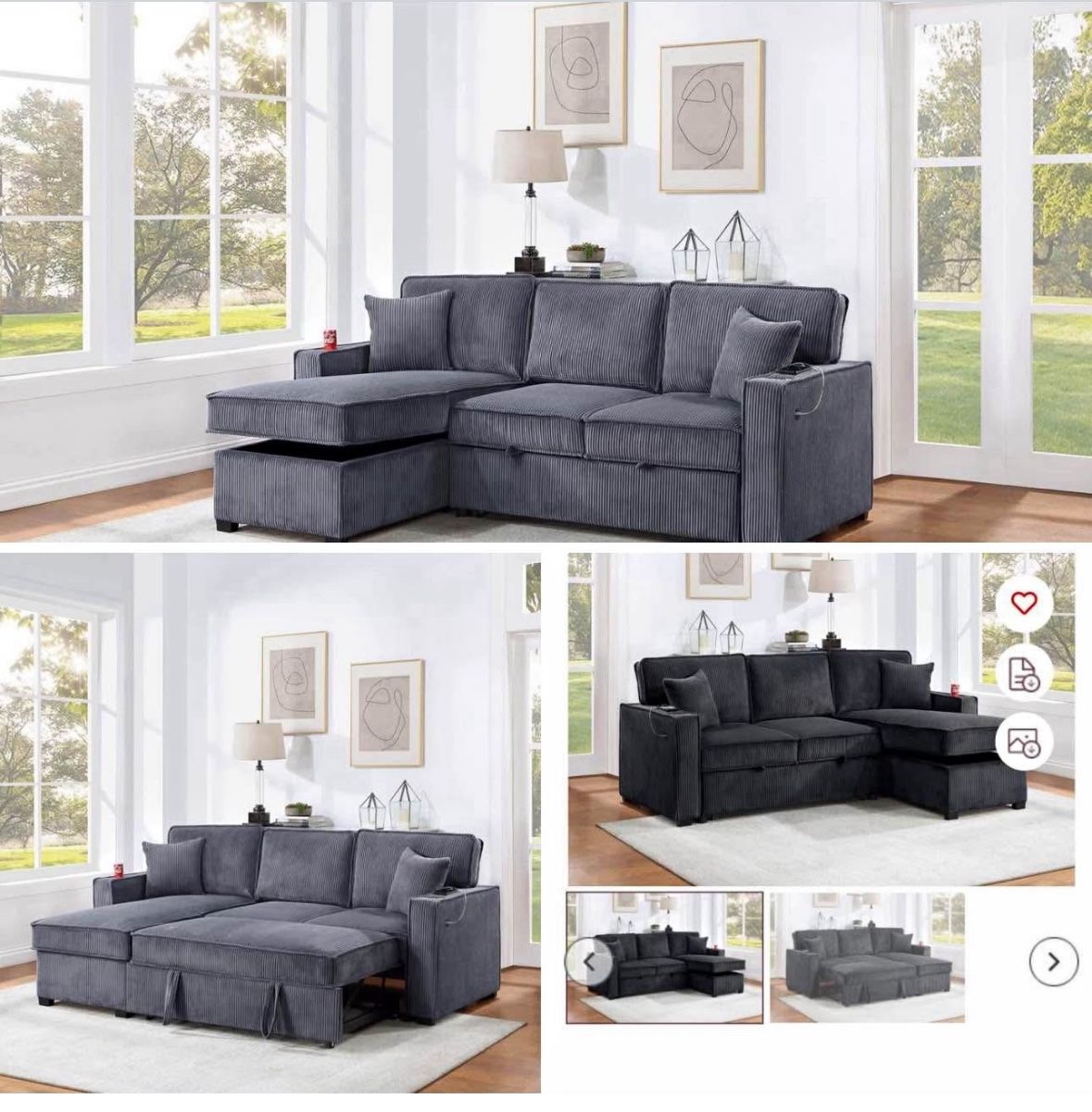 $369. 2-PCConvertible Sectional Sleeper Sofa W/ Cupholder Sofa Storage & USB Ports 89”x 59”X36”H