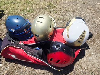 4 softball Batting helmets with Face guard & 3 softball cleats size 6 1/2