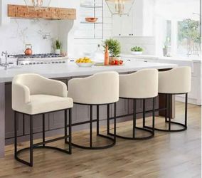 New, SET OF 4, Modern Upholstered Linen Bar Stools with Curved Back and Black Metal Frame, 25-INCH