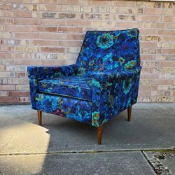 Mid Century Modern Blue Floral Lounge Chair Vintage 