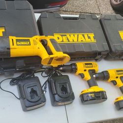 DeWalt X2 Drills,  And Sawzall, 2 Very New 18v Batteries, 2 Chargers, and  3  Hard Cases. 