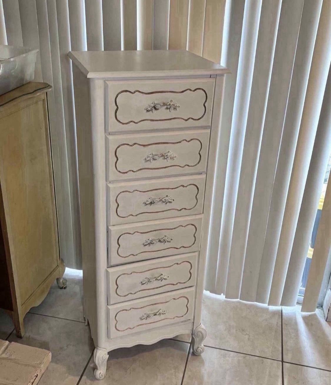 White French Provincial Style Upright Chest 6 Drawer 20.5”Lx17”Wx54.5”H