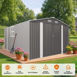10x14 FT Outdoor Metal Storage Shed, Durable Garden Shed with Three Lockable Doors and Clear Window for Backyard, Patio, Garden, All-Weather Shelter f