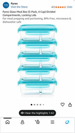 Pyrex Glass Meal Box (5-Pack, 4 Cup) Divided Compartments, Locking Lids