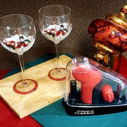 Vintage Dillards Painted Christmas Wine Goblets & New Wine Bottle Opener (Ornament Optional)