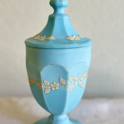 Westmoreland Antique Blue Satin Slag Glass Beaded Bouquet Colonial Candy Dish