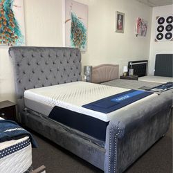 Grey velvet queen bed frame
