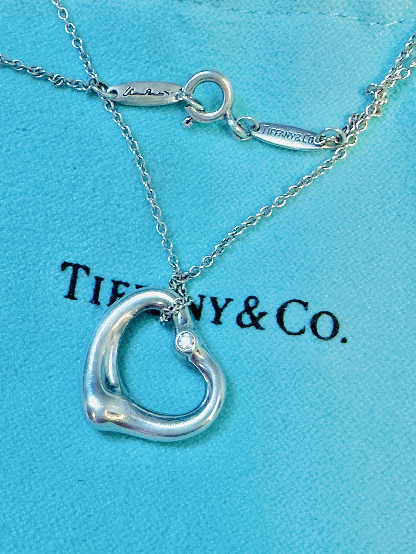 Tiffany & Co. Elsa Peretti Silver Open Heart Pendant Diamond -16mm - 16" Long